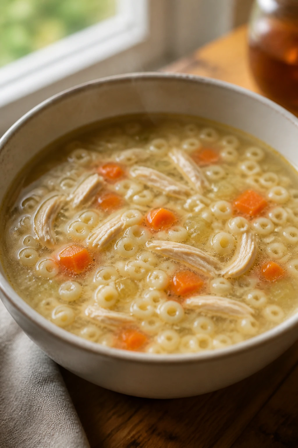 Steaming bowl of chicken noodle soup with tiny noodles and shredded chicken