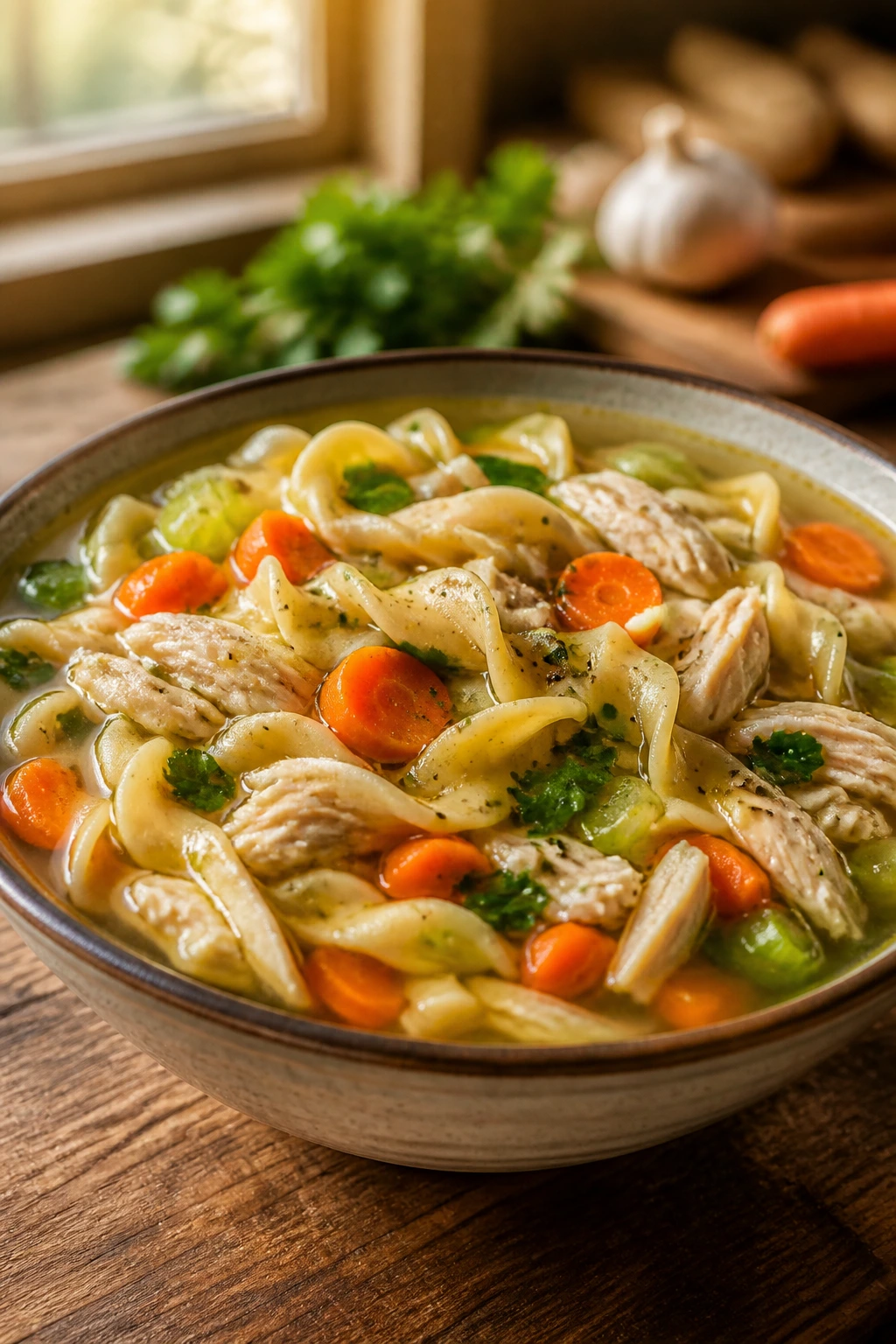 Steaming bowl of chicken noodle soup with vegetables on a wooden table
