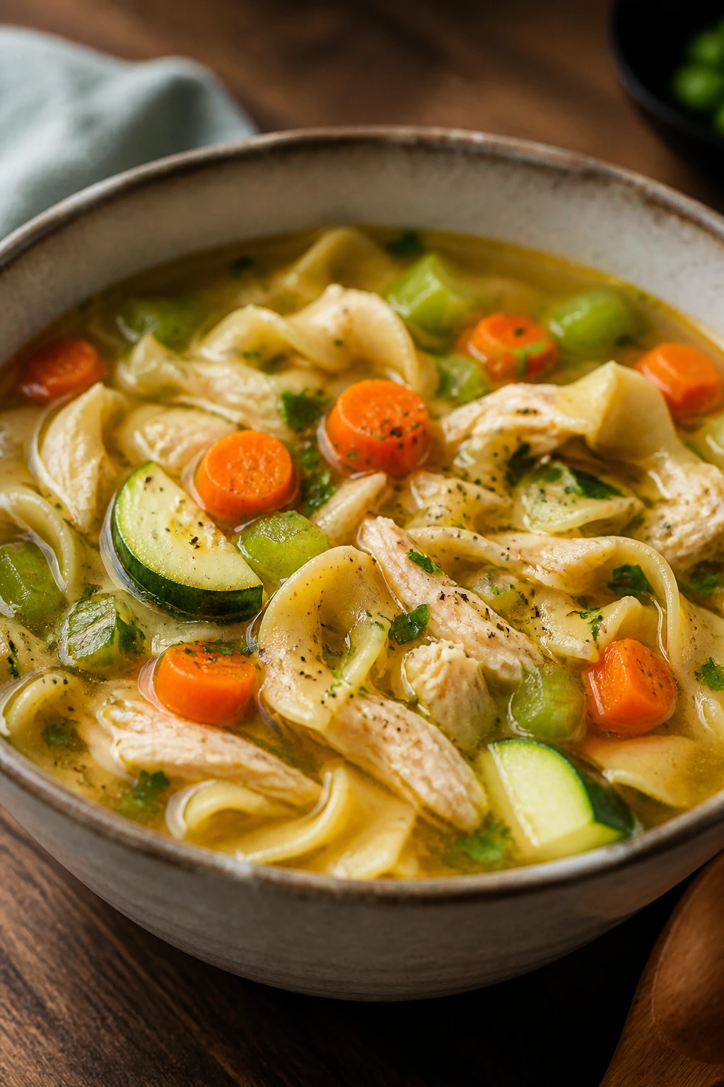Chicken noodle soup with vegetables and noodles in bowl.