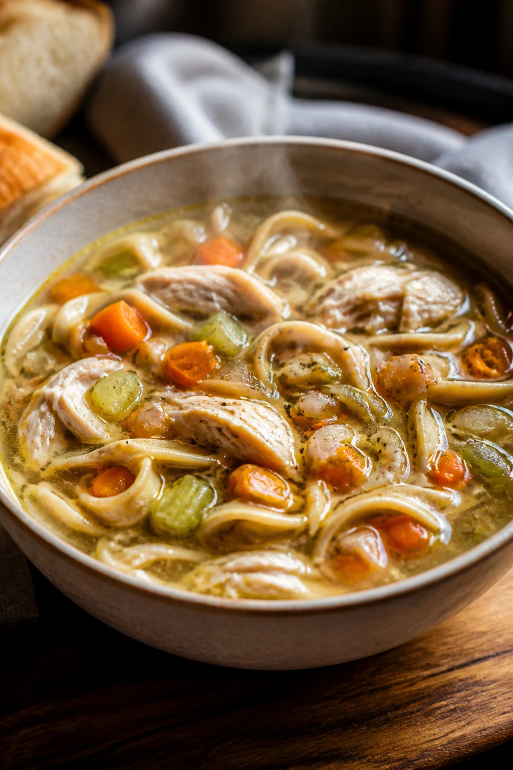 Steaming bowl of chicken noodle soup with whole-wheat noodles