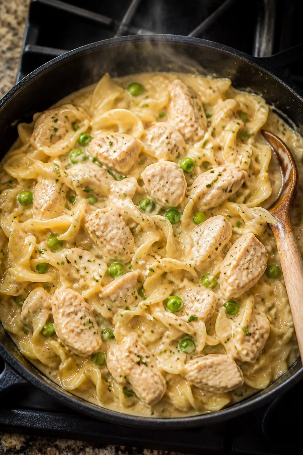 Creamy chicken and noodles in a skillet with peas