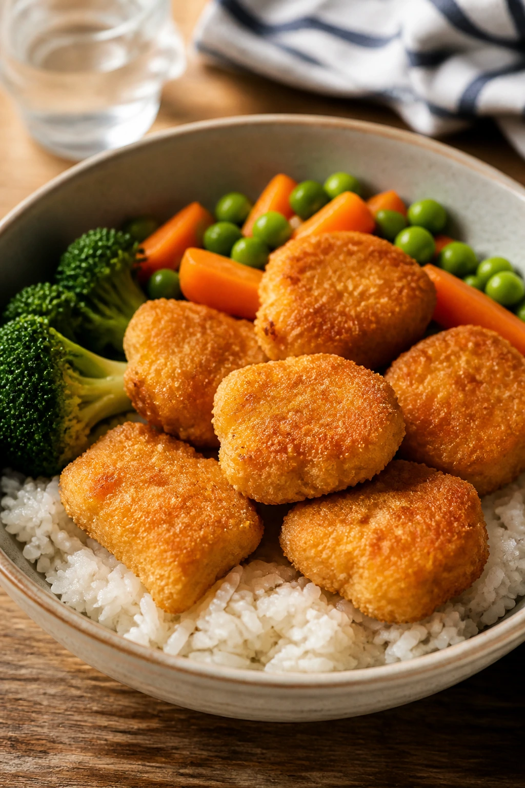 Nuggets atop rice in a bowl on a warm kitchen table.