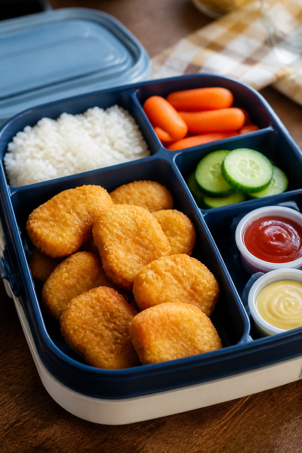 Close-up of a bento lunchbox filled with crispy chicken nuggets and sides.