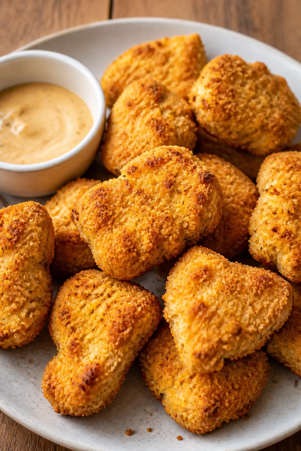 Close-up of Baked Chicken Nuggets with Dip on a plate