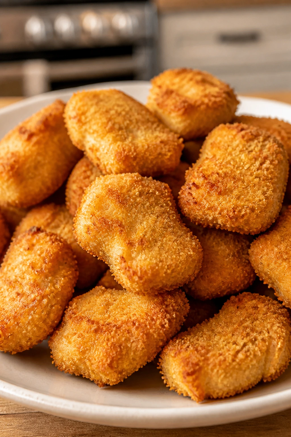 Golden oven-baked chicken nuggets on plate