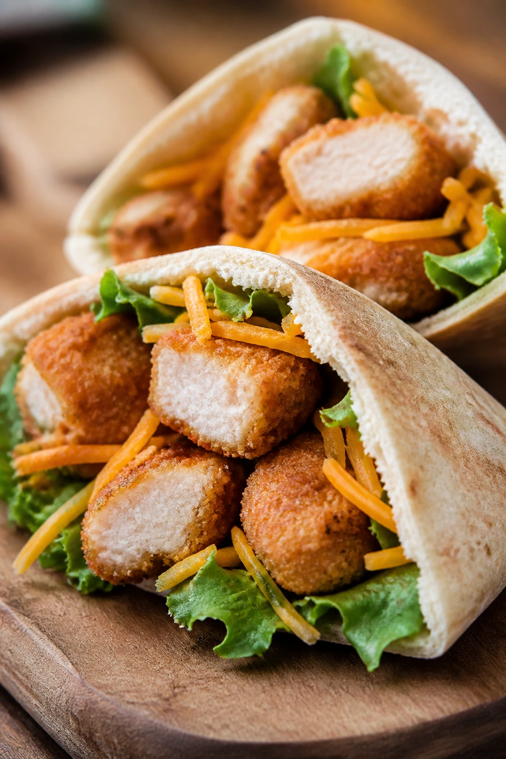 Close-up of a pita pocket stuffed with chicken nuggets