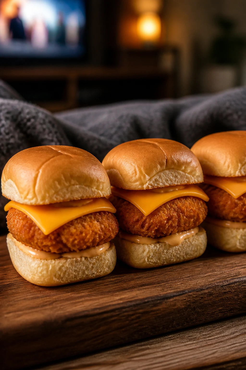 Close-up of crispy chicken nugget sliders on a wooden board for movie night