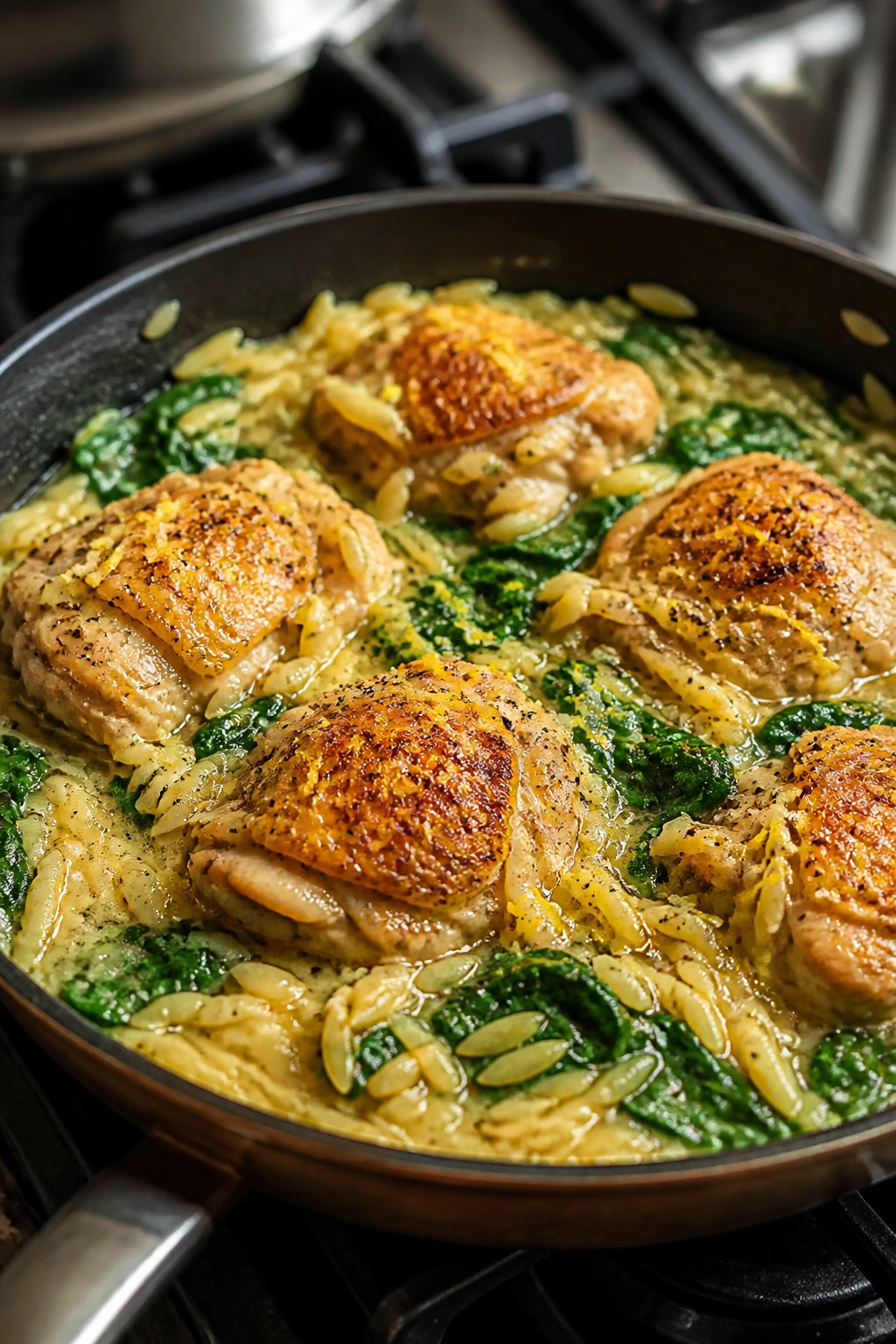 Close-up of lemon garlic chicken orzo skillet with browned chicken, orzo, spinach, and lemon zest.