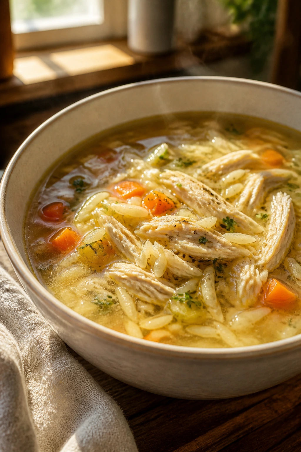 Close-up of chicken orzo soup with orzo and chicken in clear broth
