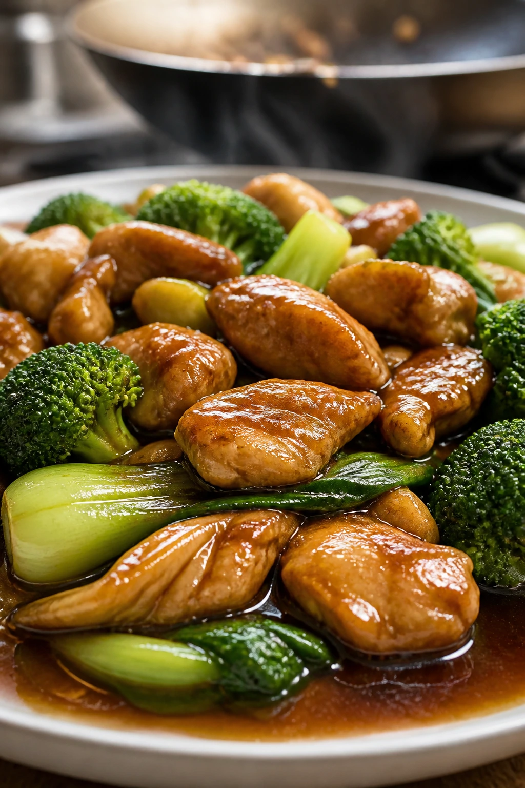 Close-up of Chicken in Oyster Sauce with broccoli and bok choy