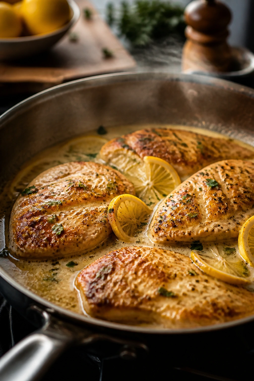 Skillet with browned chicken and glossy sauce.