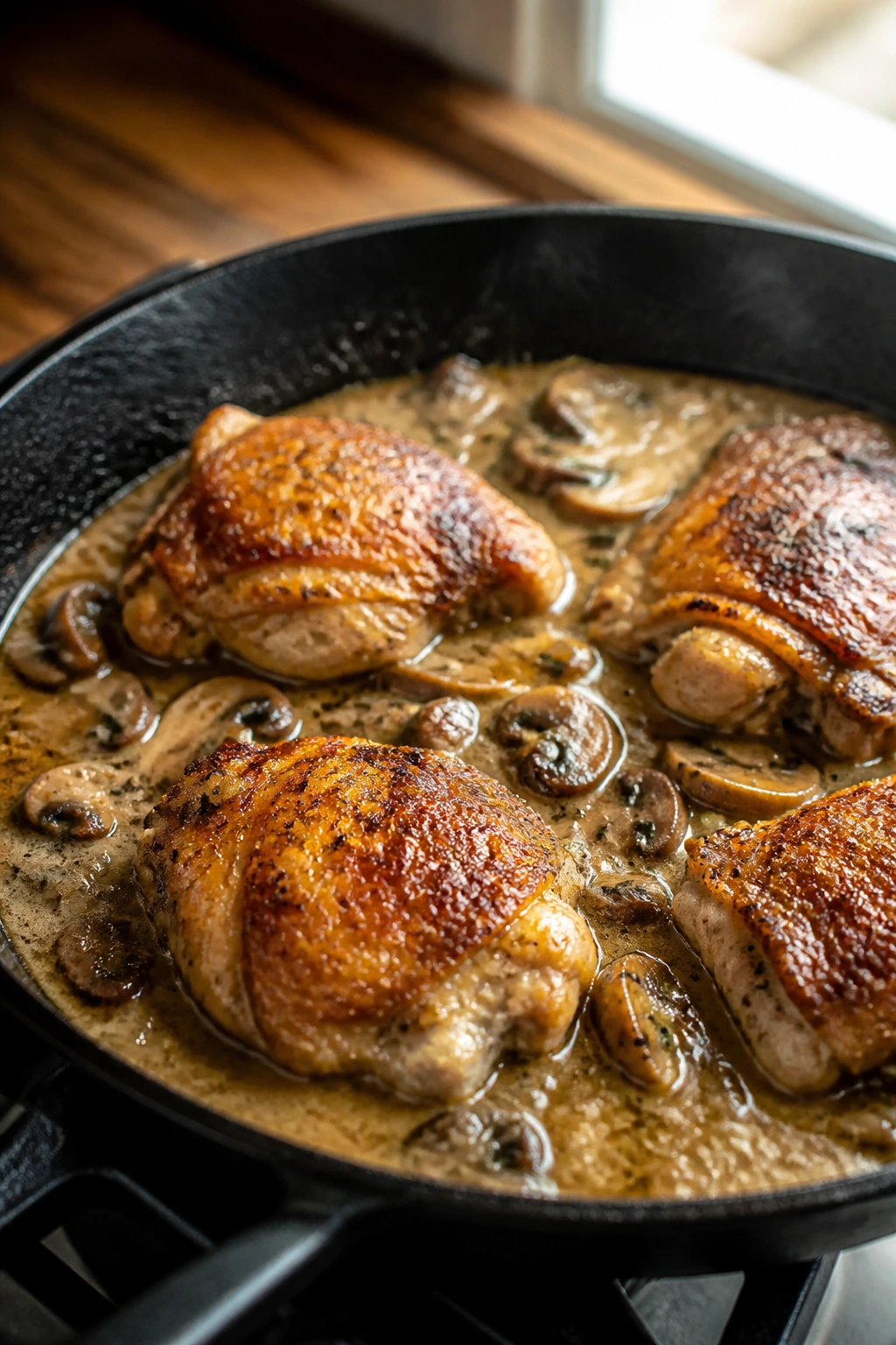 Close-up of chicken thighs in glossy pan sauce