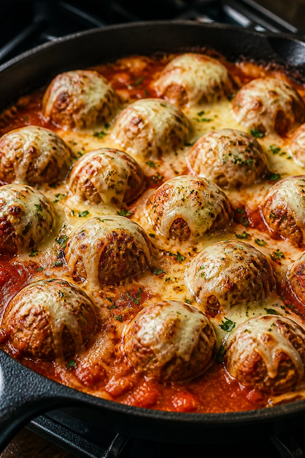 Meatballs in marinara sauce with melted cheese in a skillet