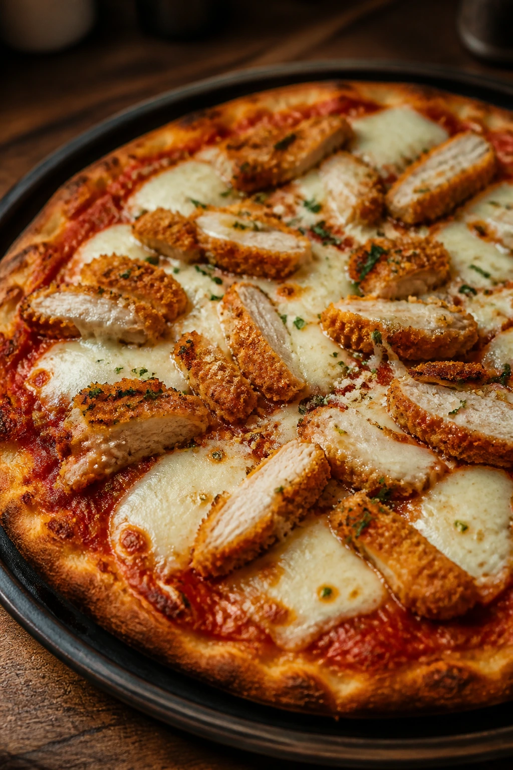 Close-up of Chicken Parm Pizza with marinara and mozzarella