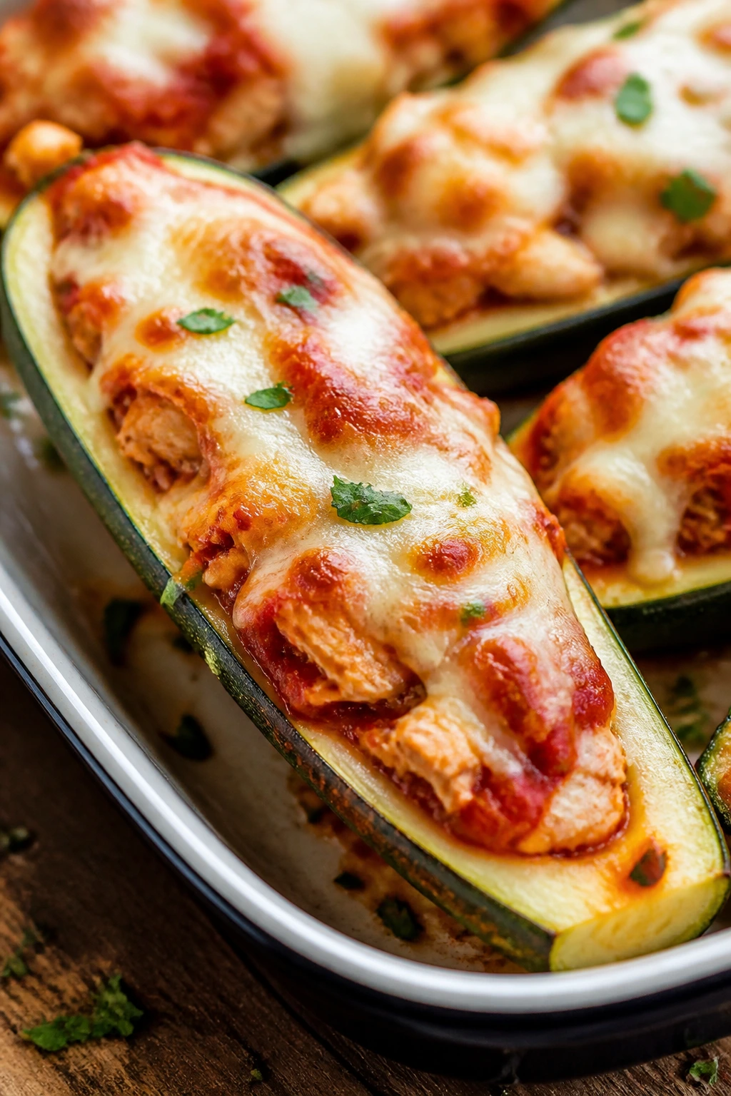Zucchini boat with chicken parmesan and cheese in baking dish