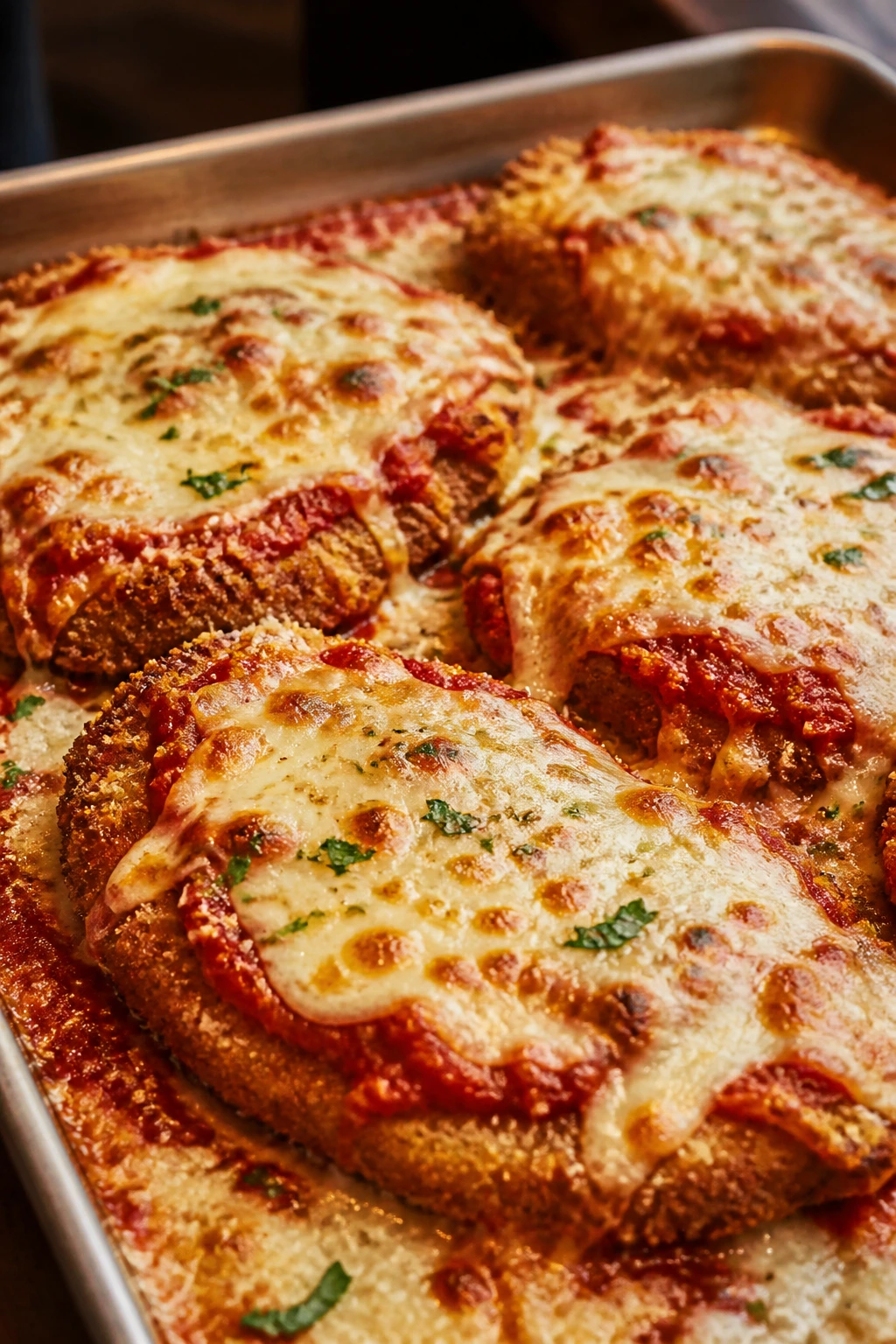 Close-up of crispy chicken parmesan bake with melted cheese on a sheet pan.