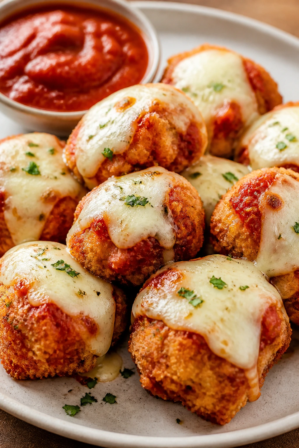 Plate of chicken parmesan bites with melted mozzarella and marinara