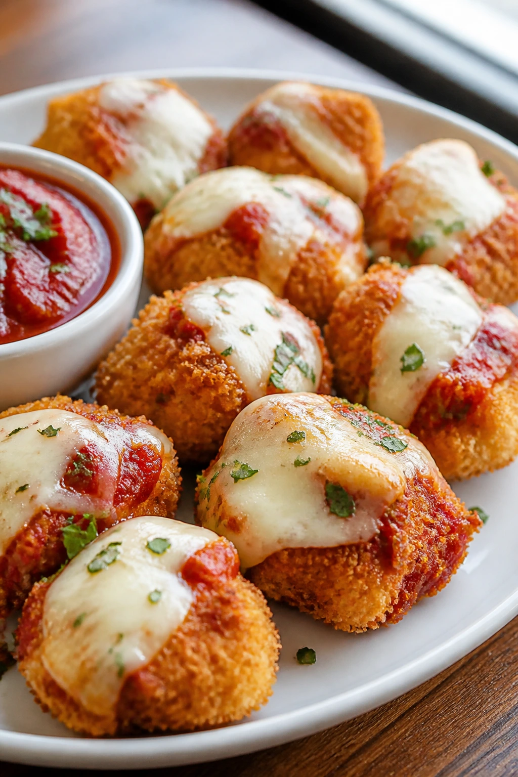 Bite-sized chicken parmesan bites with melted cheese on a plate.
