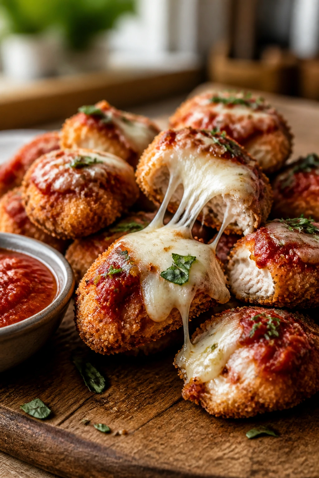 Close-up of Chicken Parmesan Bites with crispy crust and melted mozzarella on a rustic board