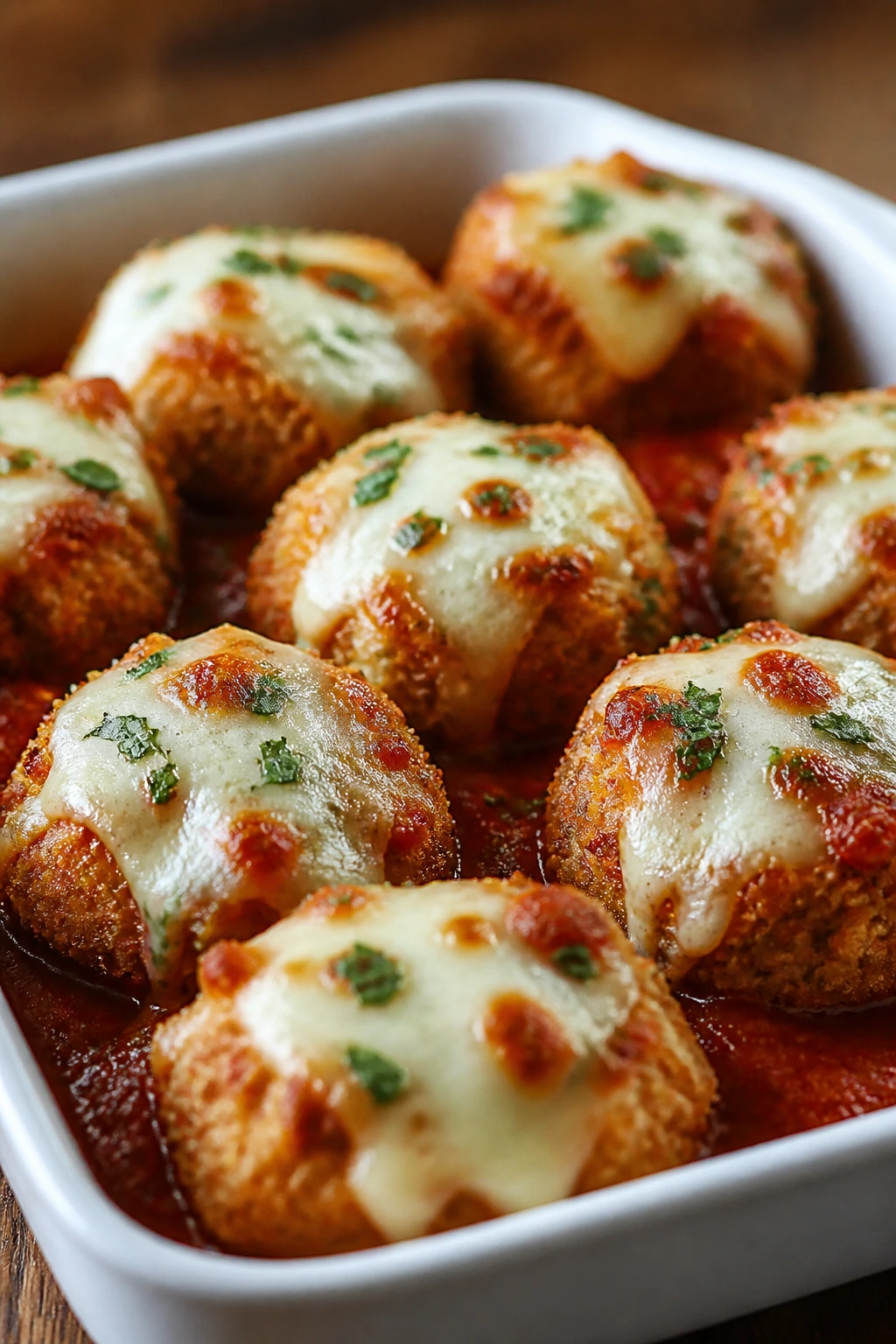 Close-up of crispy chicken parmesan bites with melted cheese