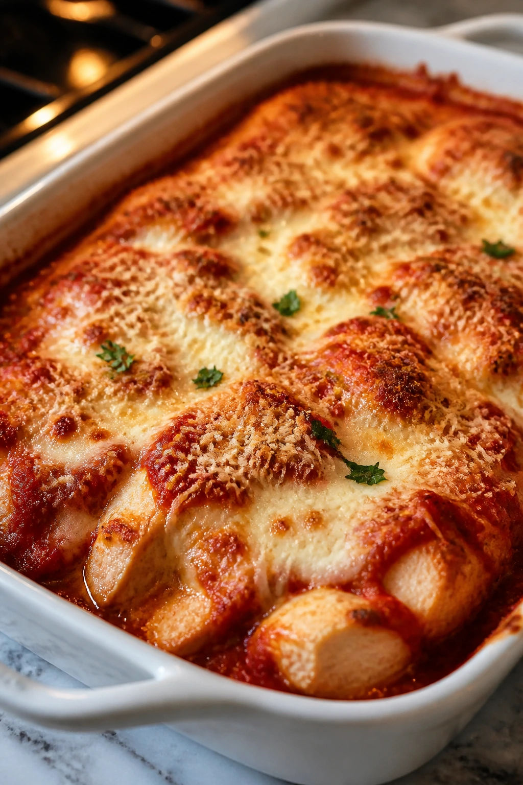 Bubbling chicken parmesan casserole with melted cheese