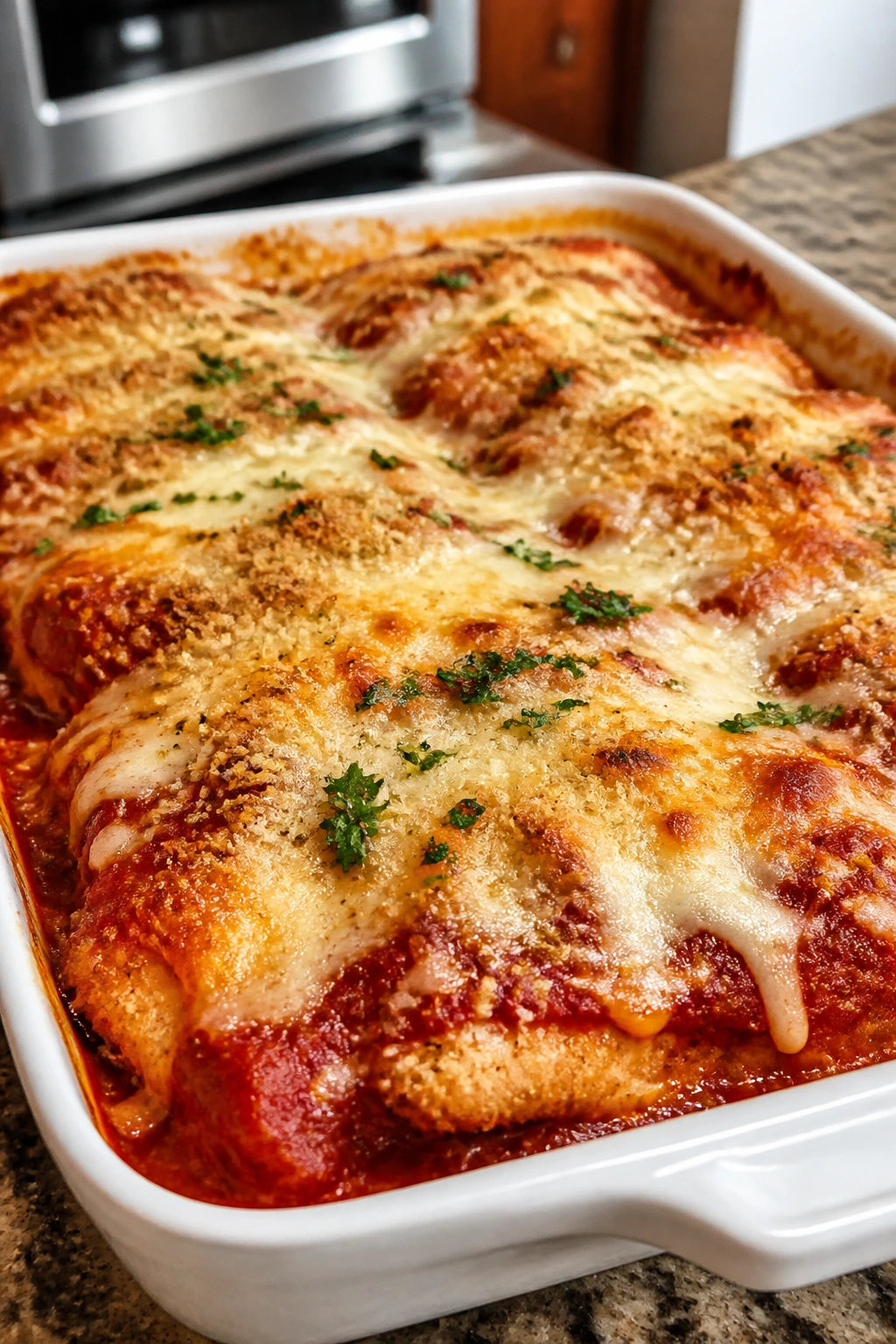 Casserole with chicken, marinara, and melted cheese