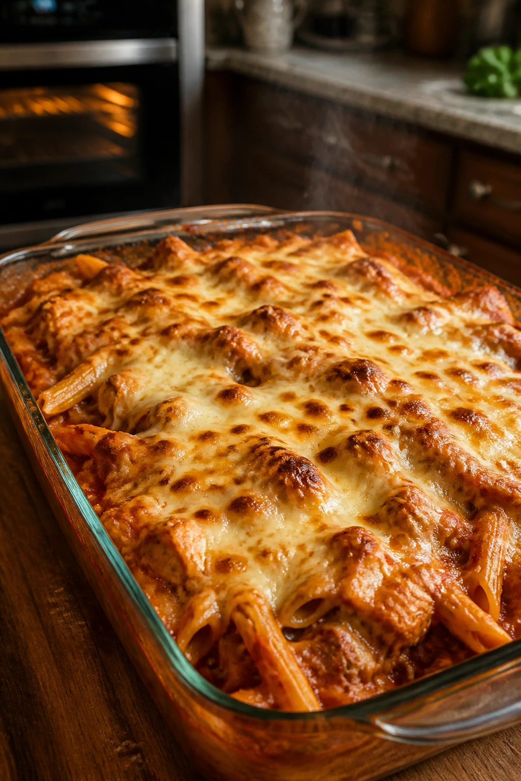 Bubbling baked chicken parmesan casserole in a glass dish on a kitchen counter