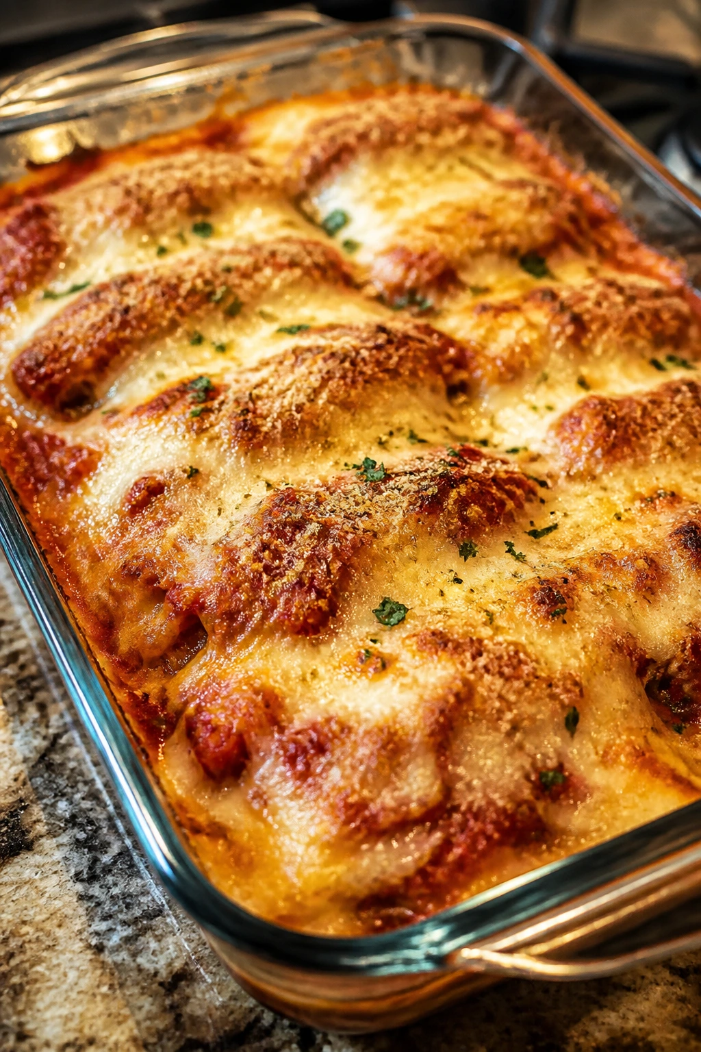 Bubbling chicken parmesan casserole in a glass baking dish with melted cheese