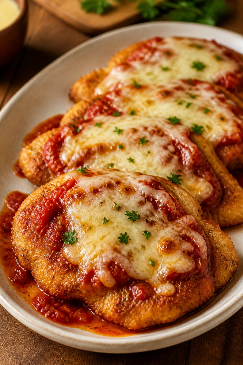 Close-up of chicken parmesan cutlets with marinara and melted mozzarella on a plate