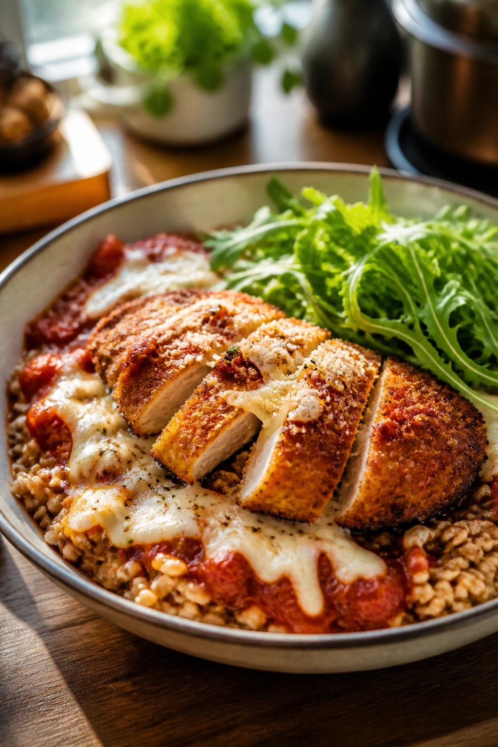Close-up of crispy chicken parmesan grain bowl with farro, marinara, mozzarella, and arugula in a rustic bowl