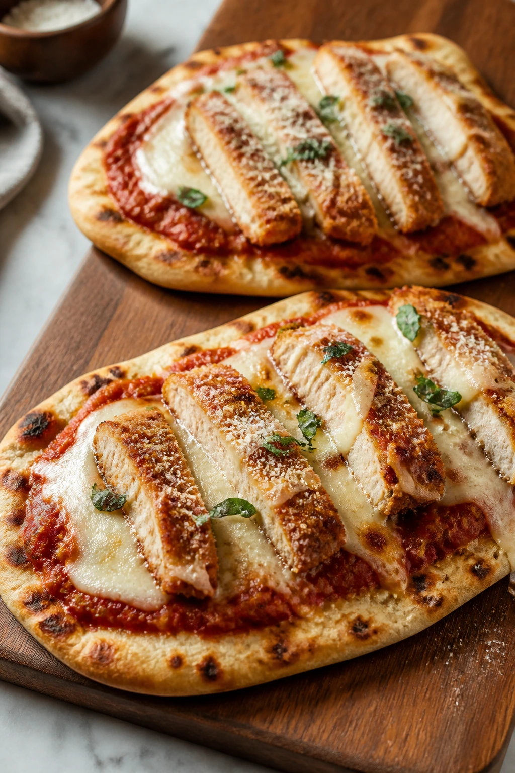Two flatbreads topped with chicken parmesan and melted cheese