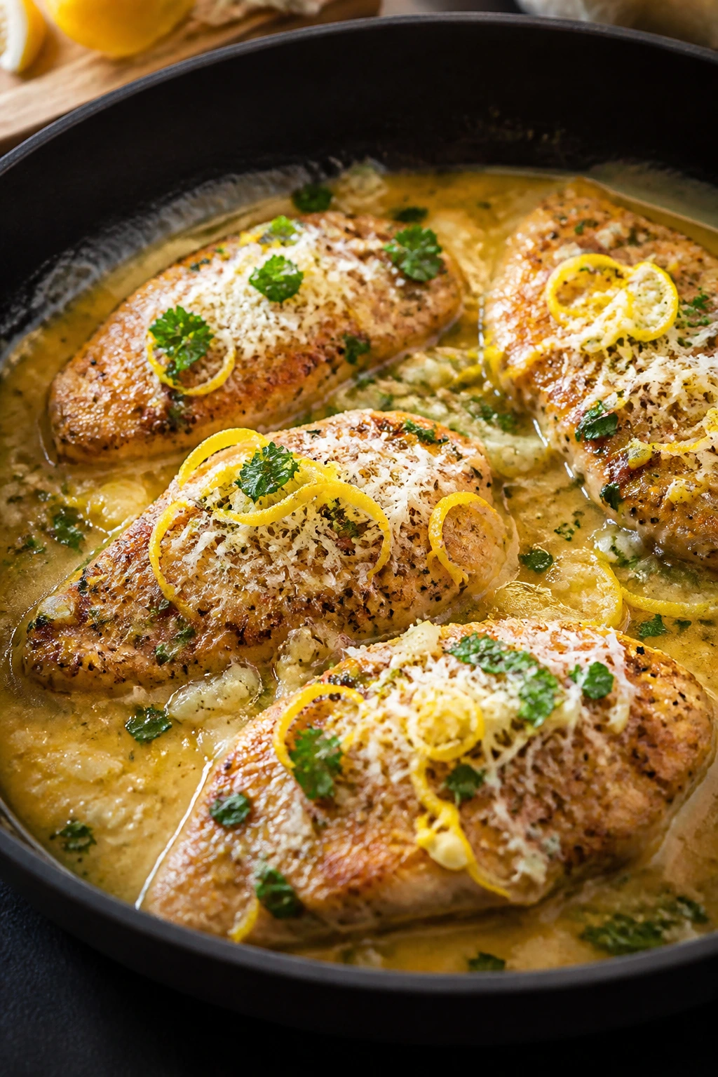 Skillet with chicken and lemon-Parmesan sauce with zest and parsley.