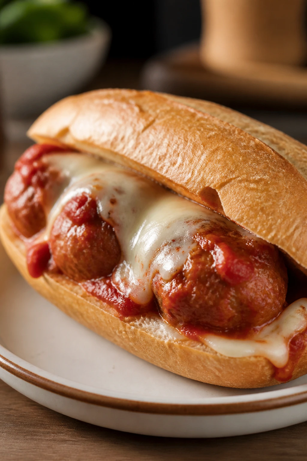 Chicken meatball sub with marinara and melted mozzarella.