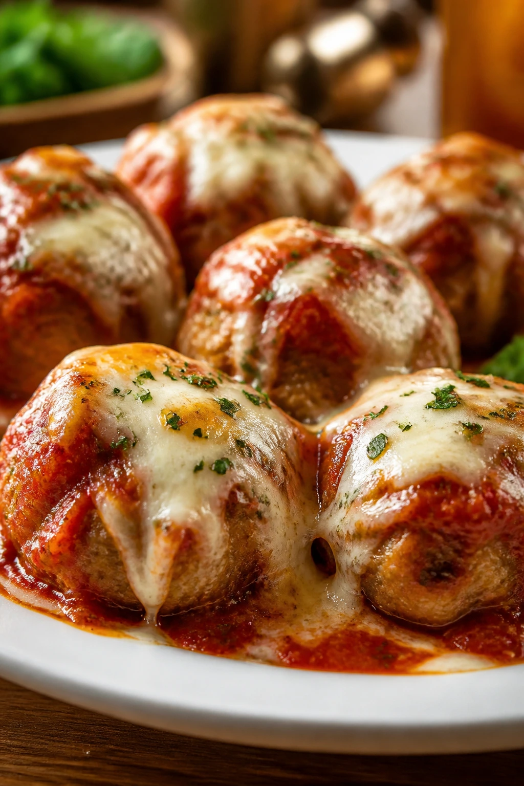 Plate of chicken parmesan meatballs with marinara and melted mozzarella.