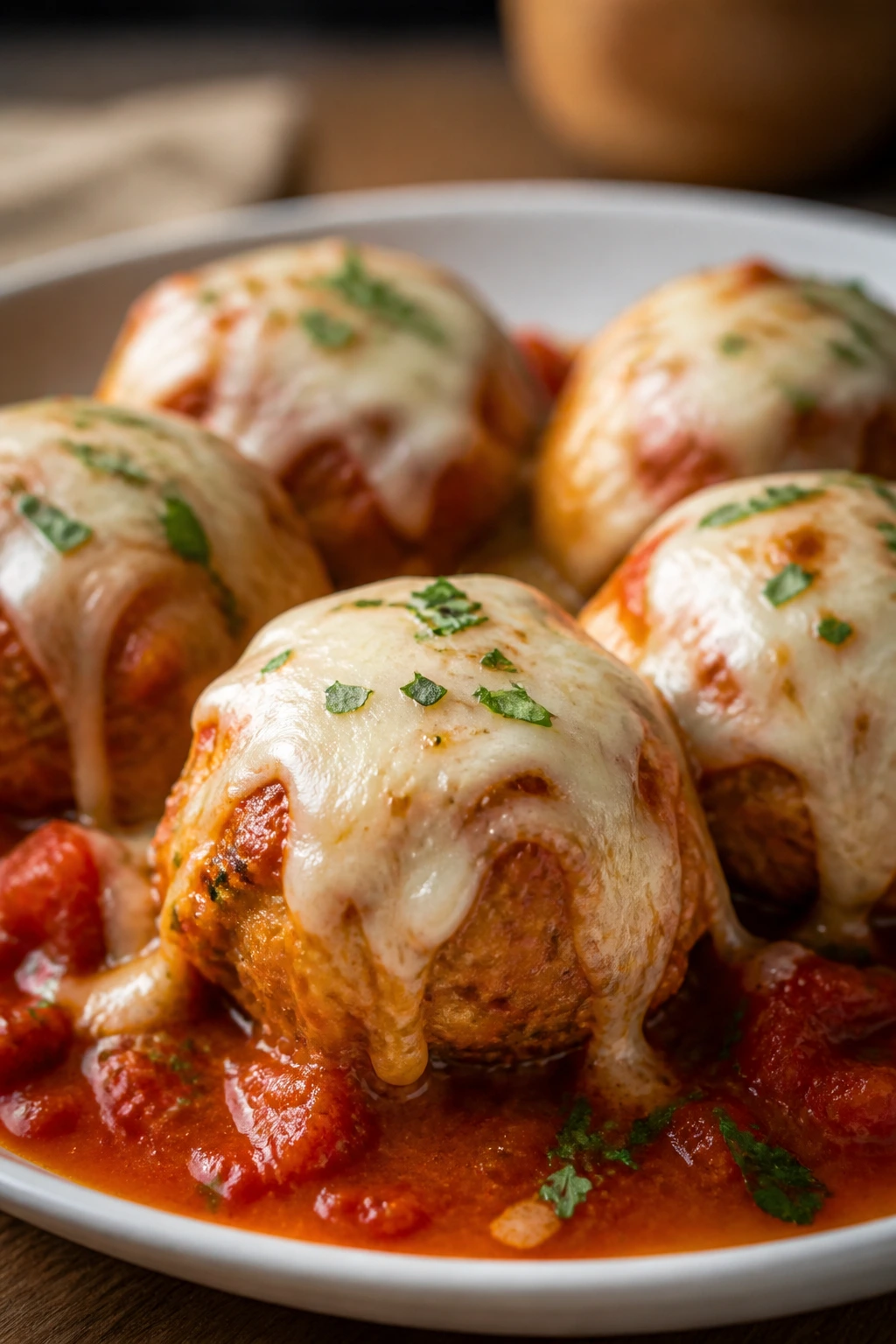 Close-up of chicken parmesan meatballs in marinara with melted cheese