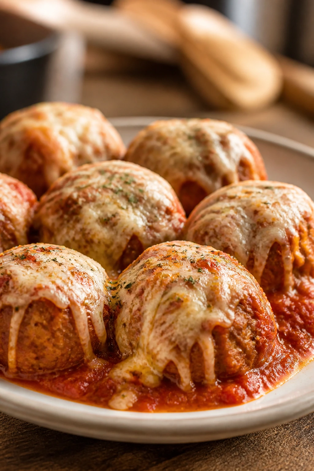 Meatballs with marinara and melted mozzarella on a plate