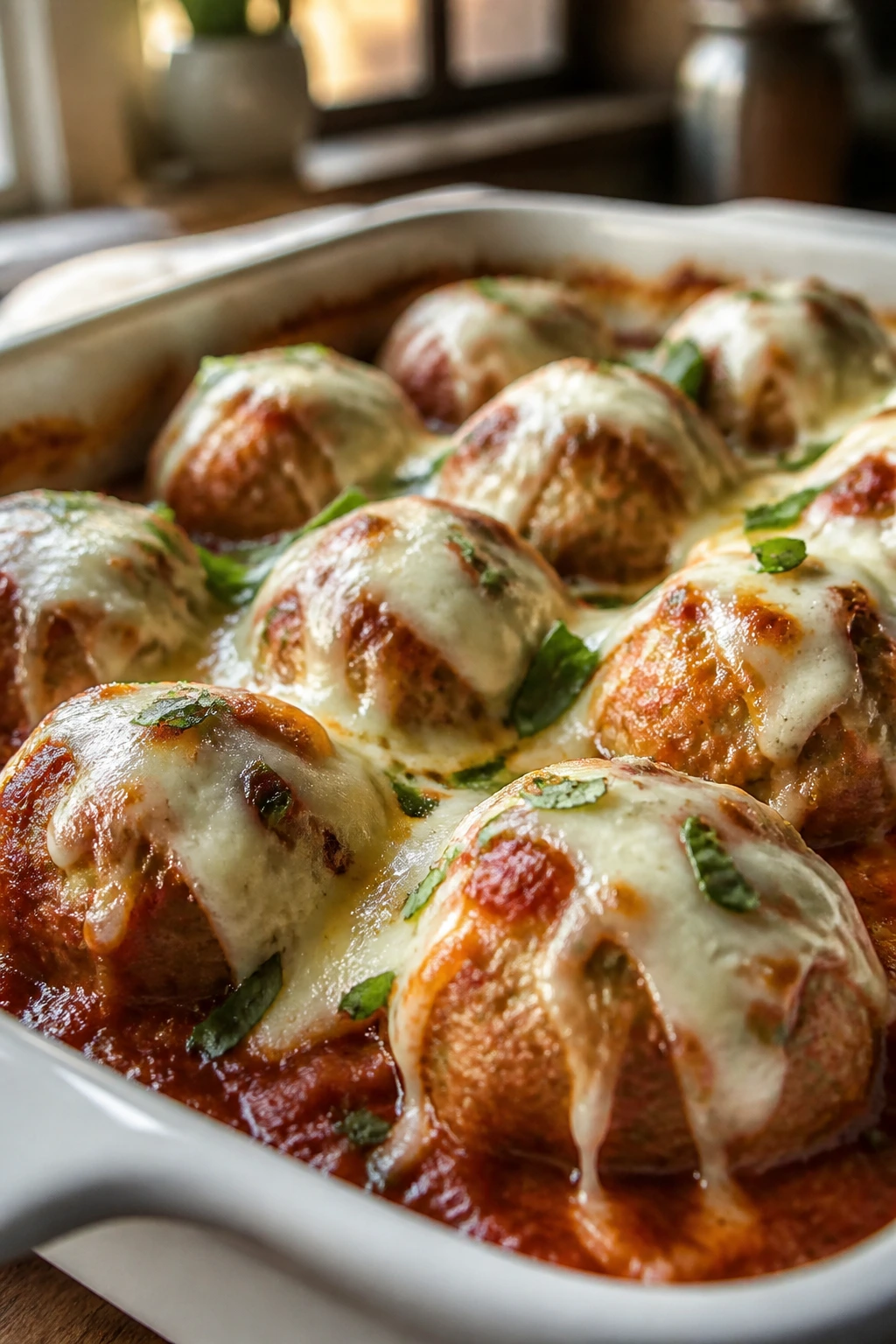 Chicken parmesan meatballs in marinara with melted mozzarella