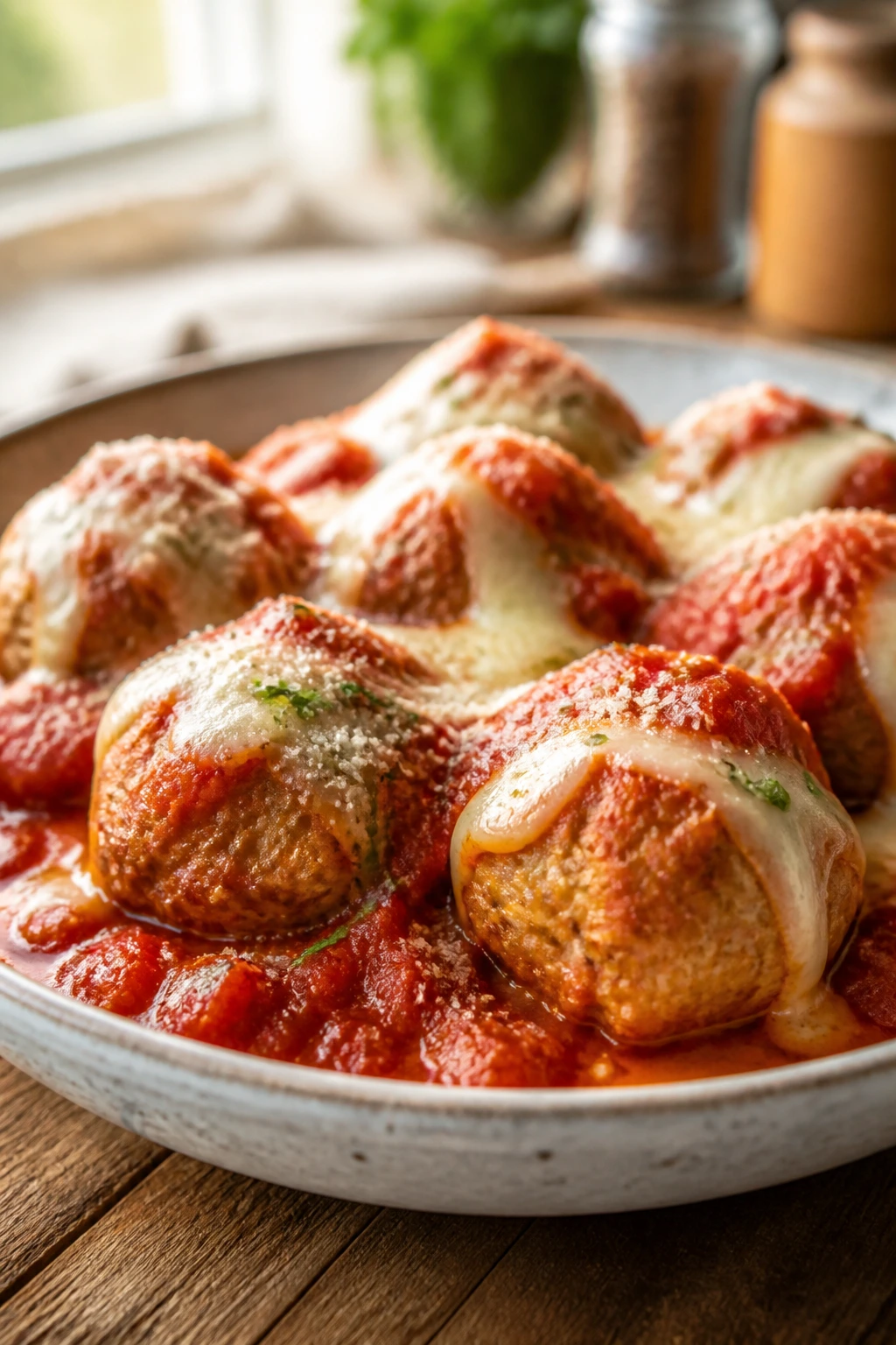 Close-up of chicken parmesan meatballs in marinara with melted mozzarella
