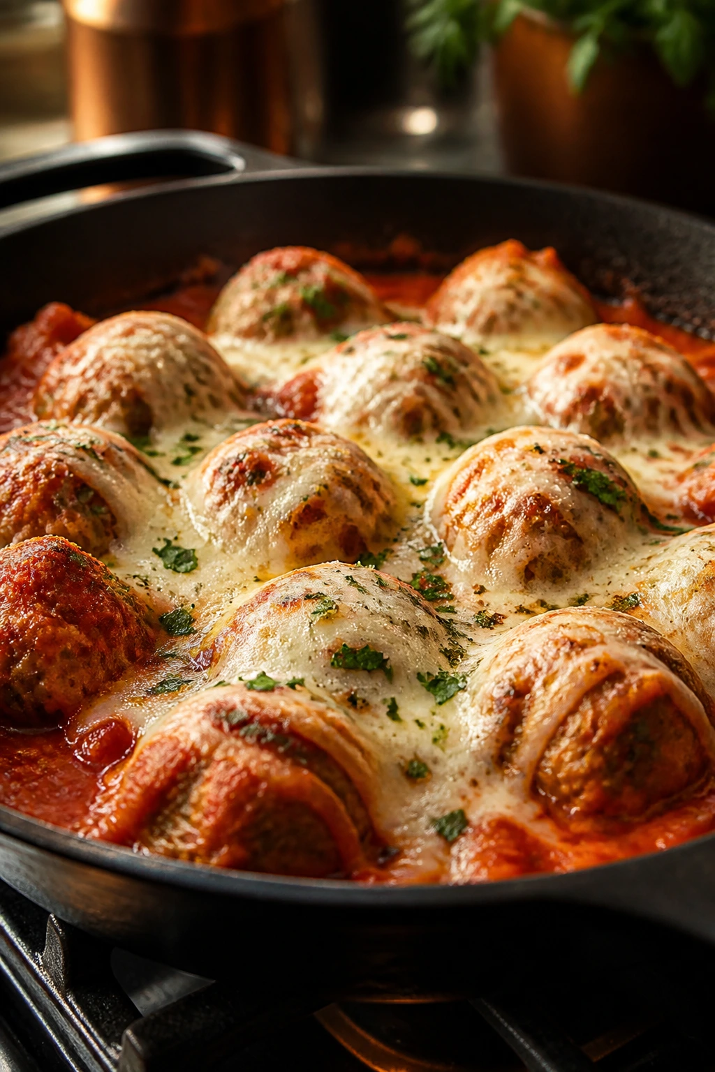 Chicken parmesan meatballs in a skillet with marinara and mozzarella.