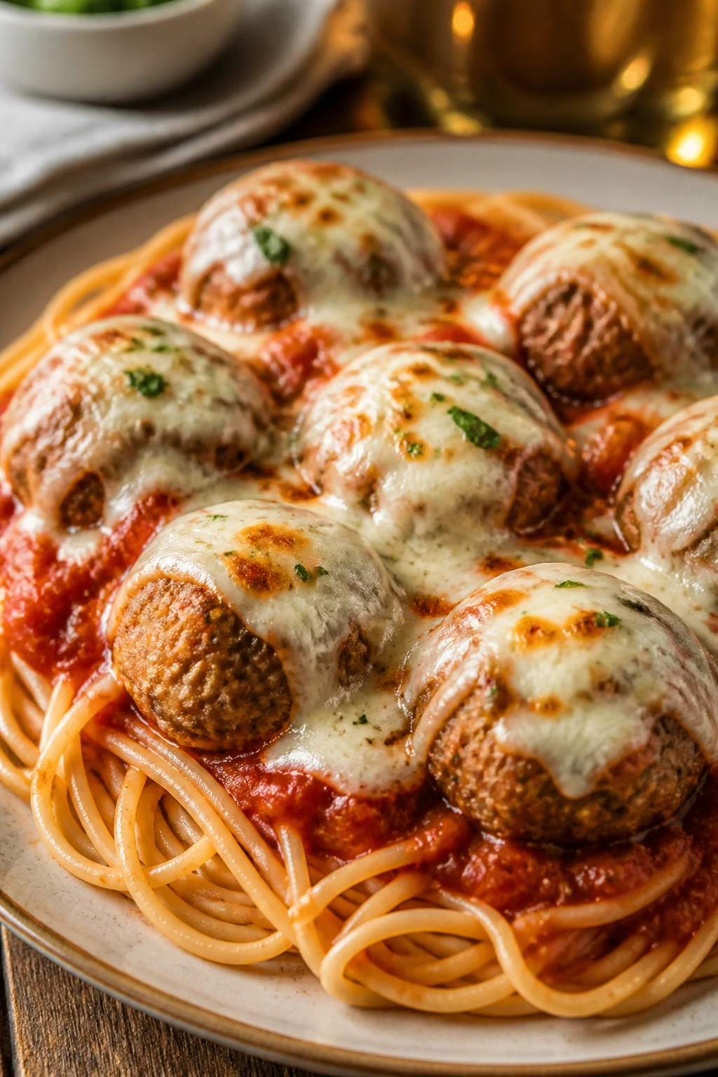 Plate of chicken parmesan meatballs over spaghetti with melted mozzarella
