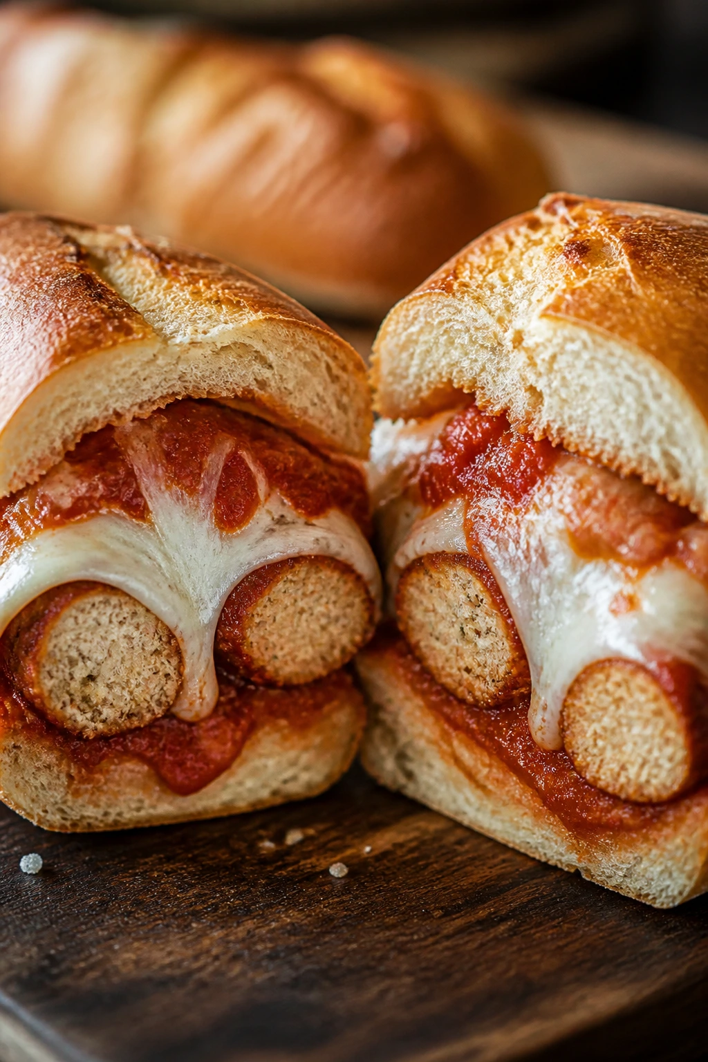 Half of a chicken parmesan meatball sub showing sauce, mozzarella, and meatballs