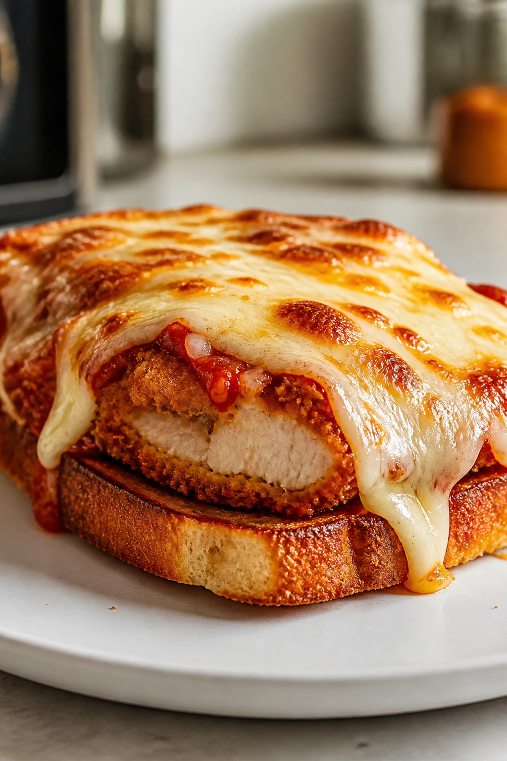 Close-up of a bubbling chicken parmesan melt on toast with melted cheese