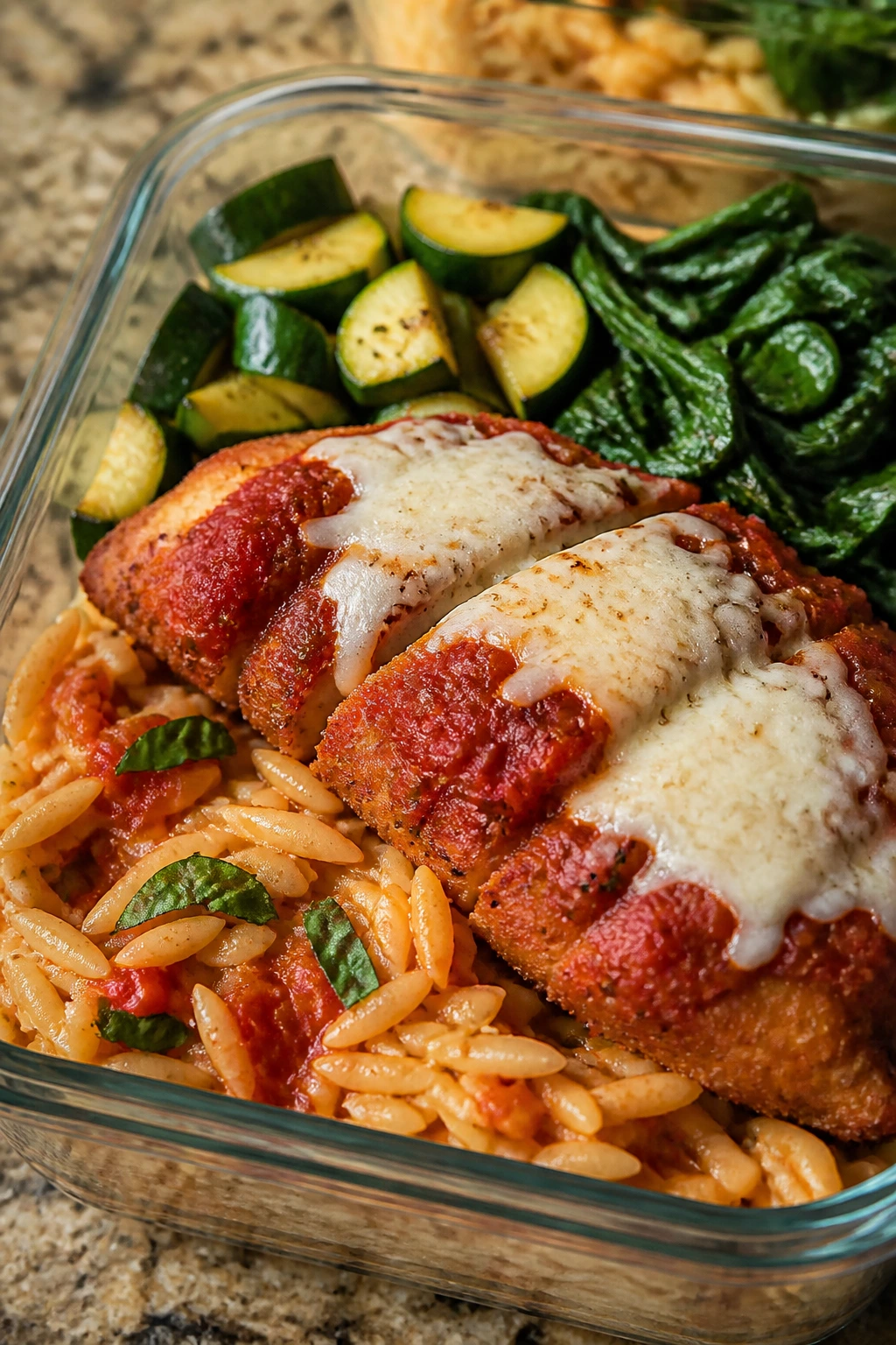 Close-up of chicken parmesan orzo meal prep box with marinara and mozzarella