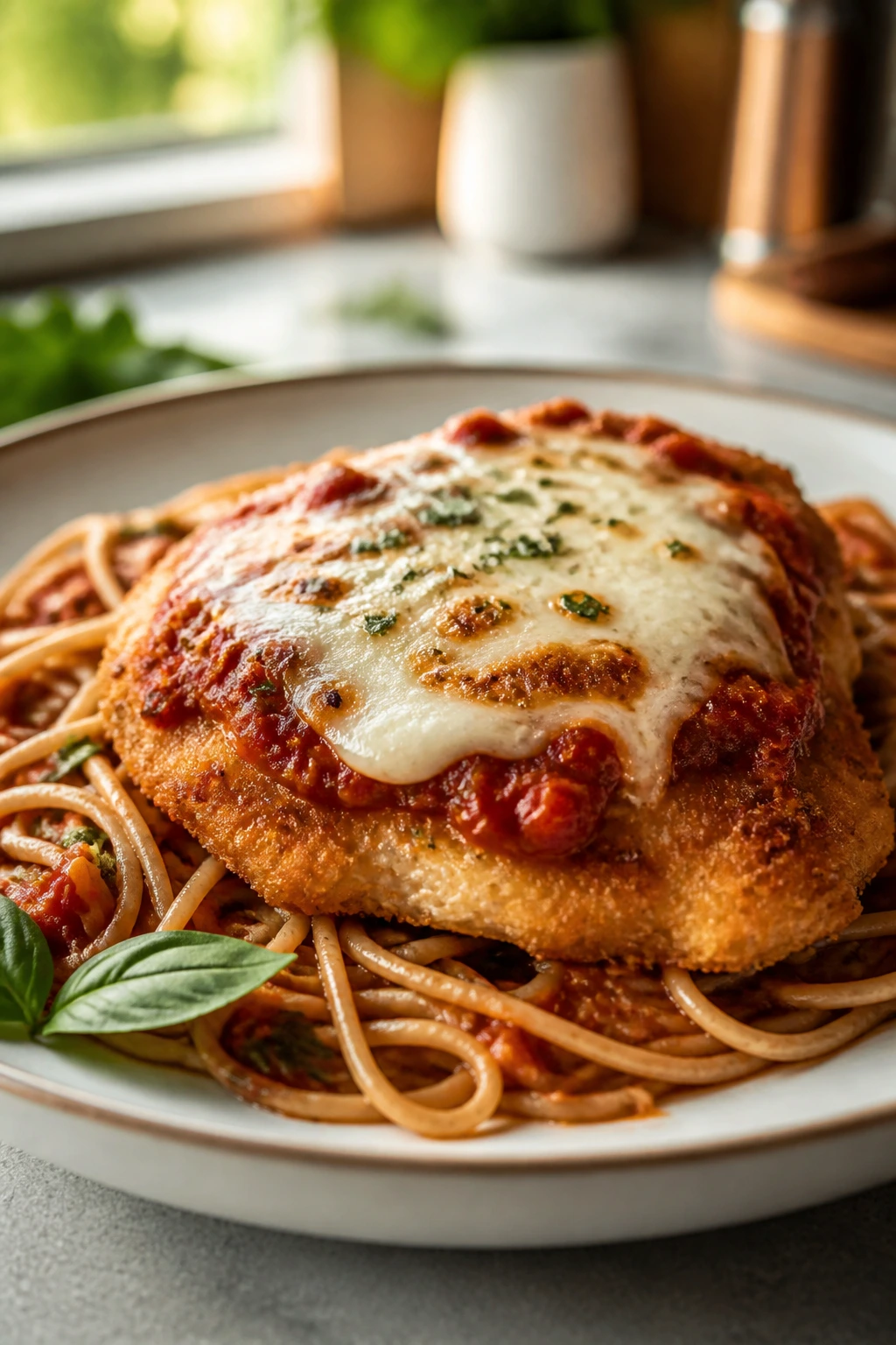 Close-up baked chicken parmesan with whole-wheat pasta