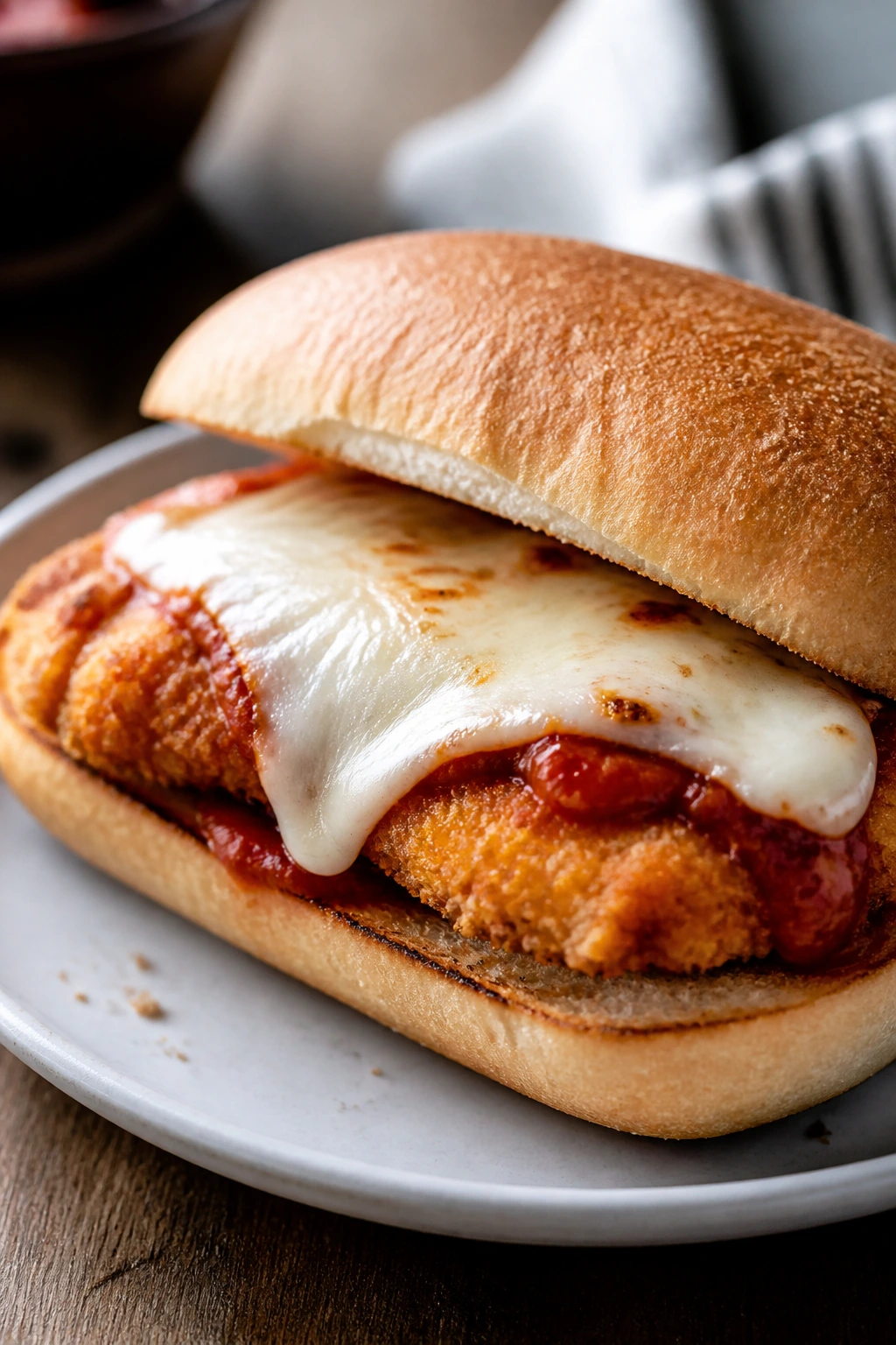Chicken parmesan sandwich close-up on plate