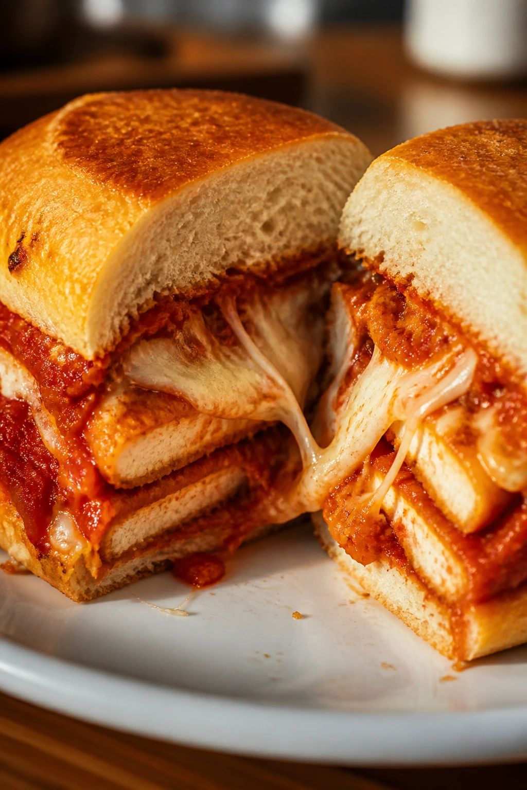 Close-up of a chicken parmesan sandwich halves with melted cheese.