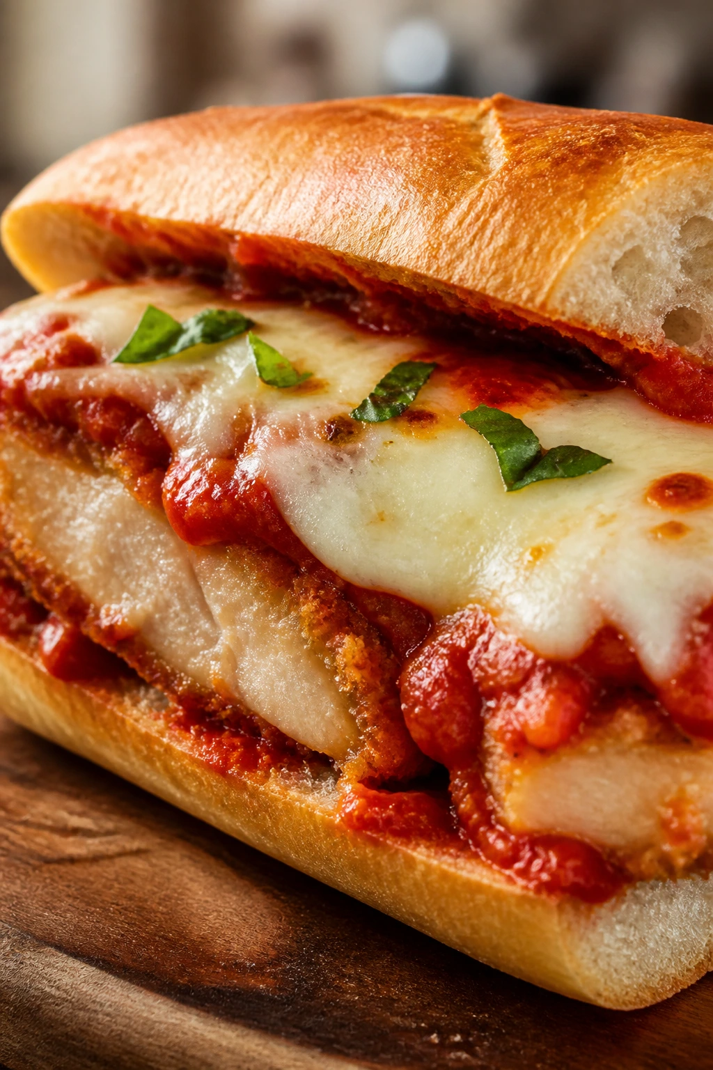 Crispy chicken parmesan sandwich half with melted cheese and marinara
