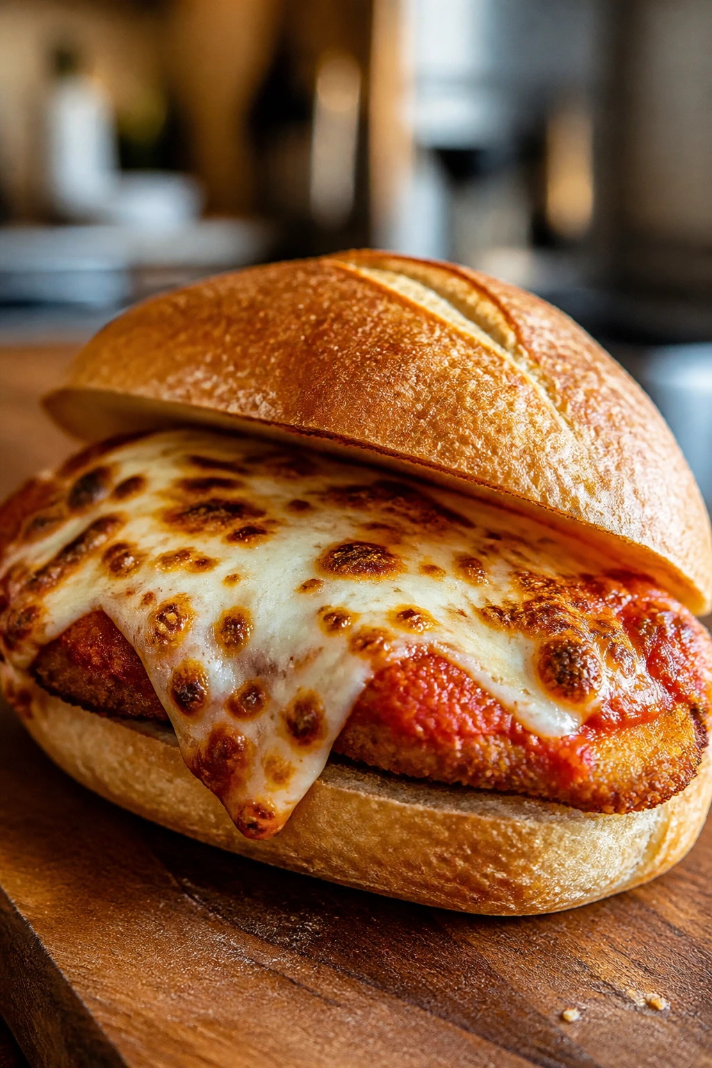 Close-up chicken parmesan sandwich with melted mozzarella