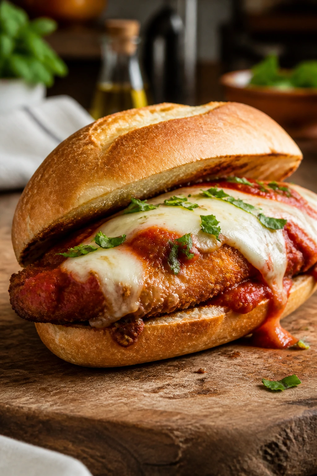 Close-up of a chicken parmesan sandwich with melted cheese and marinara on toasted bread