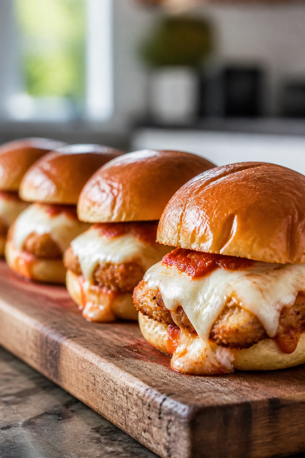 Row of chicken parmesan sliders on a wooden board in a bright kitchen
